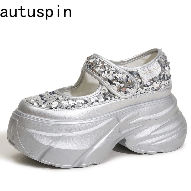 Manufacturer   AUTUSPIN Summer Shiny Shallow Shoes Women Sequined Cloth Pumps High Heels Ladies Bling Bling Platform Mary Janes Shoes Woman   Pumps