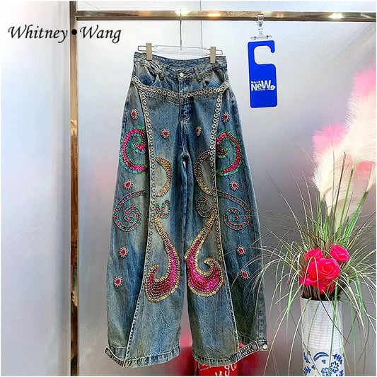 WHITNEY WANG Designer Style  Autumn Winter Fashion Streetwear Sequins Diamonds Wide Leg  Jeans Women Denim Pant Size S-5XL