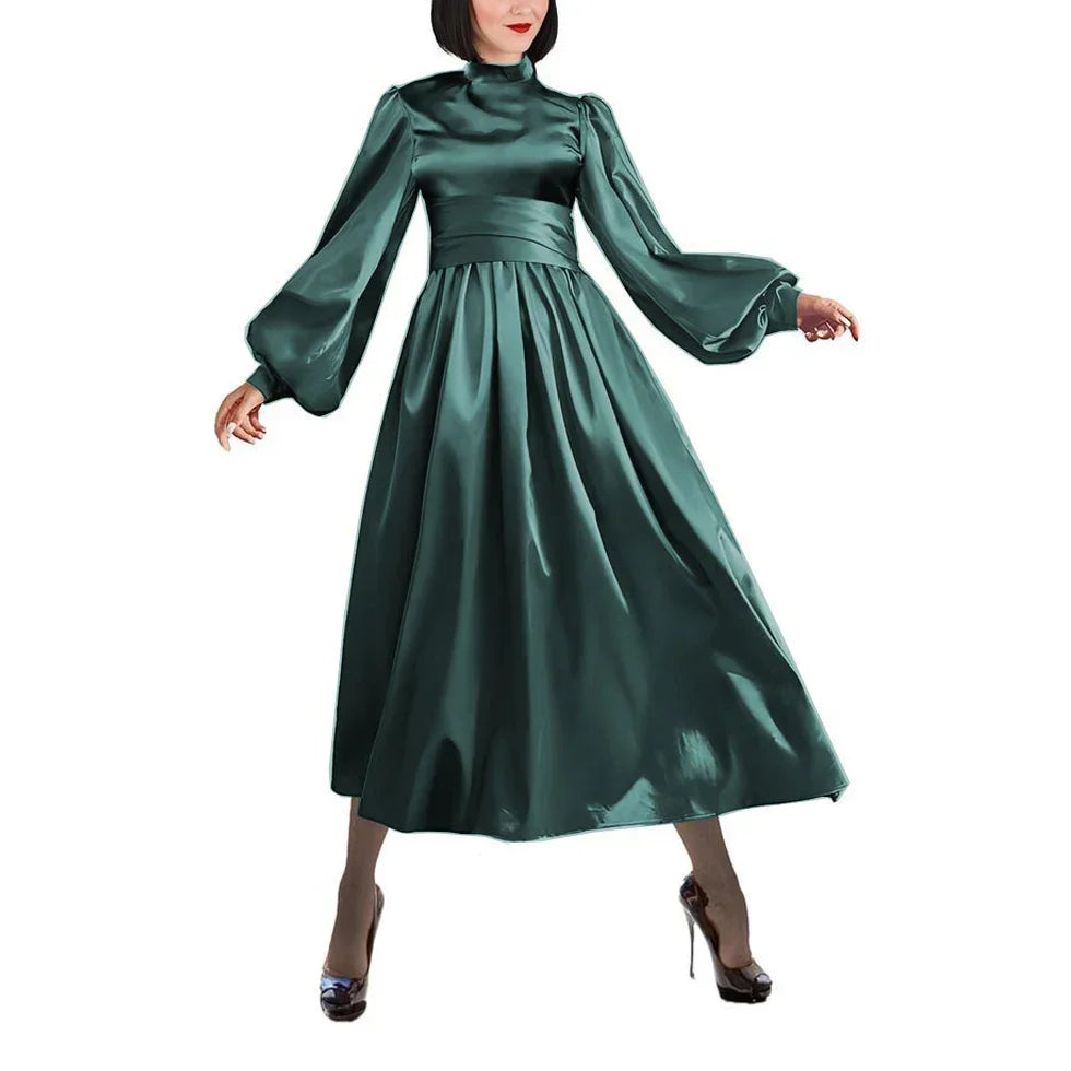 Plus Size Satin Evening Dress Elegant Drape High Neck Long Sleeve Dress Ladies Party Belted Long Gown Women A-Line Prom Dress