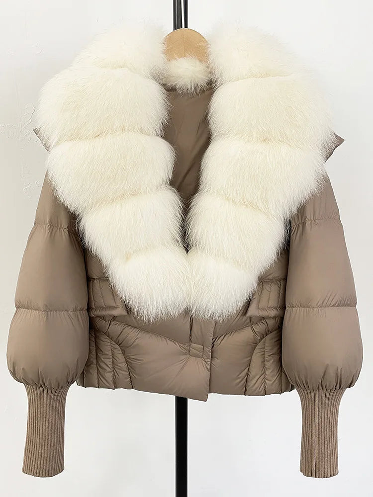 ZMEENNA Women's Black Puffer Down Jacket With Large Real Fur Collar Short Warm Winter Coat Knit Cuffs Elegant Outerwear