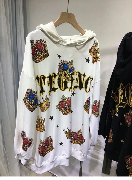 Spring Autumn Pullovers New Fashion Vintage Crown  Luxury hooded Loose Top Plus Size Big Size Casual  sweater