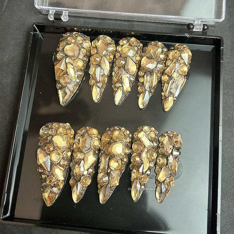 Handmade Luxury Glittery Rhinestone False Nail Tips Customized Bling Press On Nails Art Long Stiletto Coffin Fake Nail With Glue