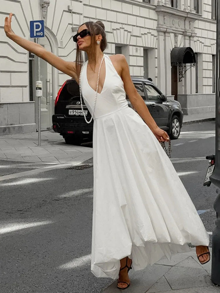 TARUXY White Sexy Sleeveless Halter Dress For Women  Autumn New A-Line Long Dress Lady Elegant Bodycon Evening Party Dresses