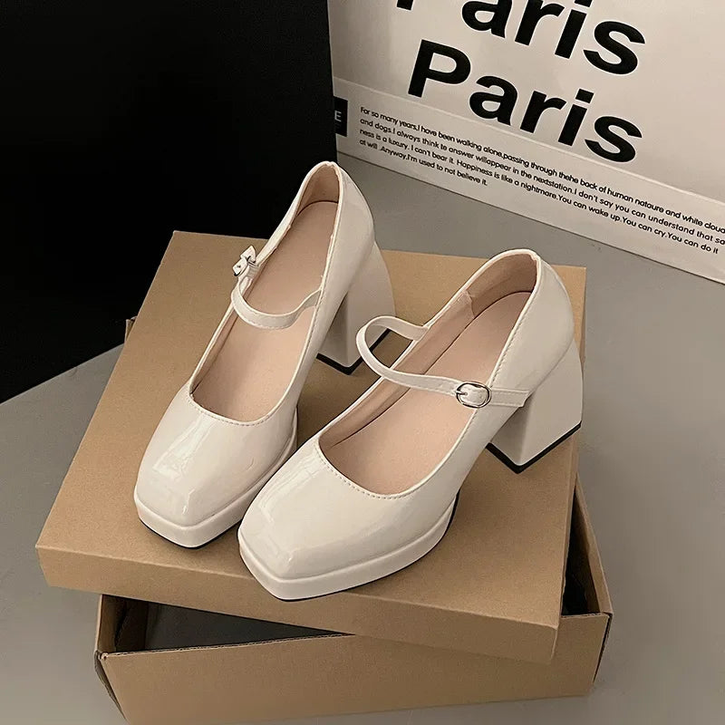 Manufacturer   Women's Chunky Heel Mary Janes Shoes Large Size Spring New Style French Design Thick Bottom Retro Single Shoes PU Leather   Pumps