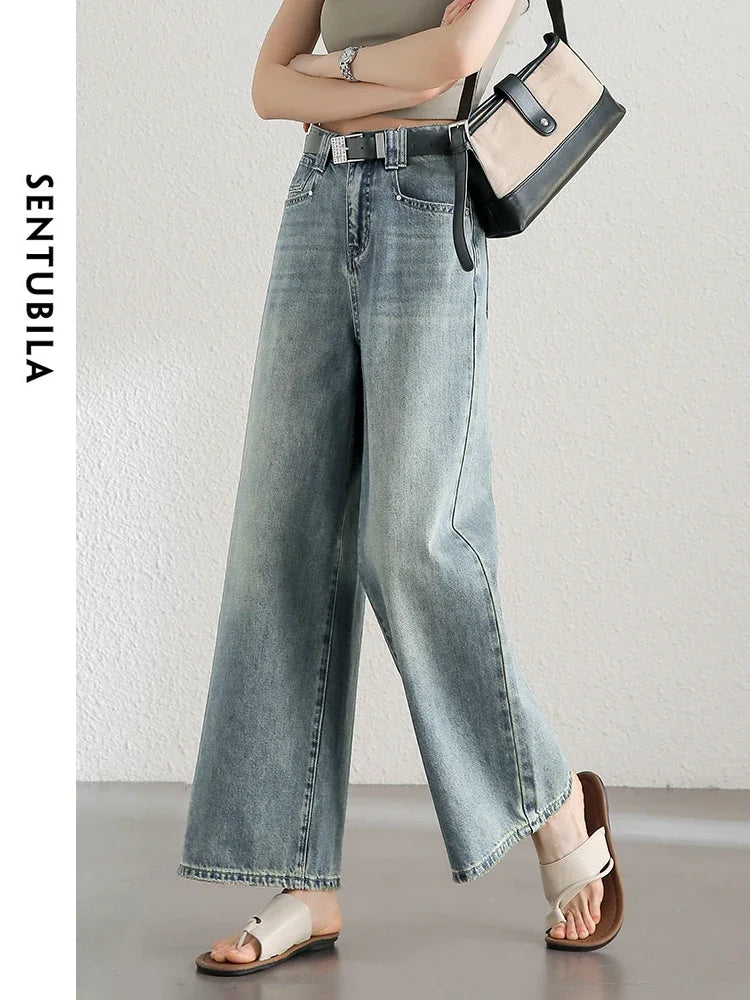 SENTUBILA Retro Washed Cotton Baggy Jeans Woman  Summer Fashion Wide Leg Denim Pant Comfort Casual Women Trousers
