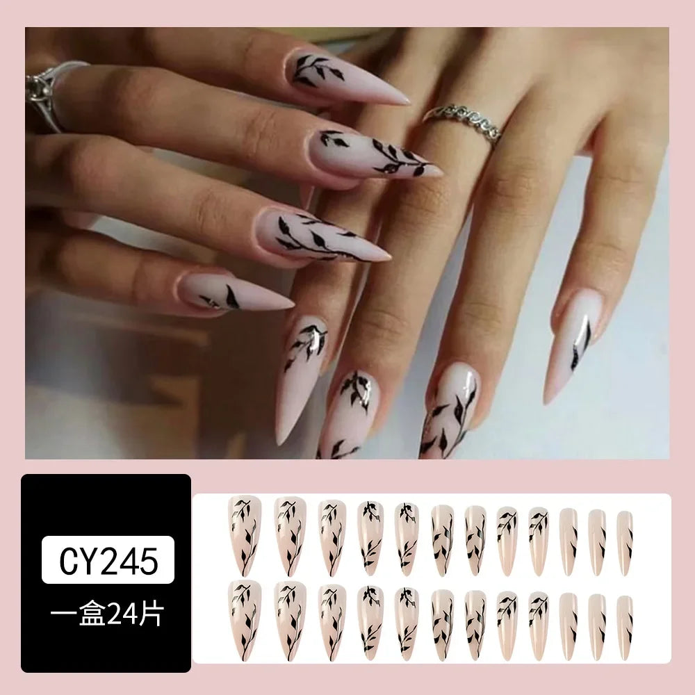 24Pcs Halloween Black Ghost Long Ballet False Nails Wearable French Ballerina Fake Nails Press On Full Cover Manicure Nail Tips