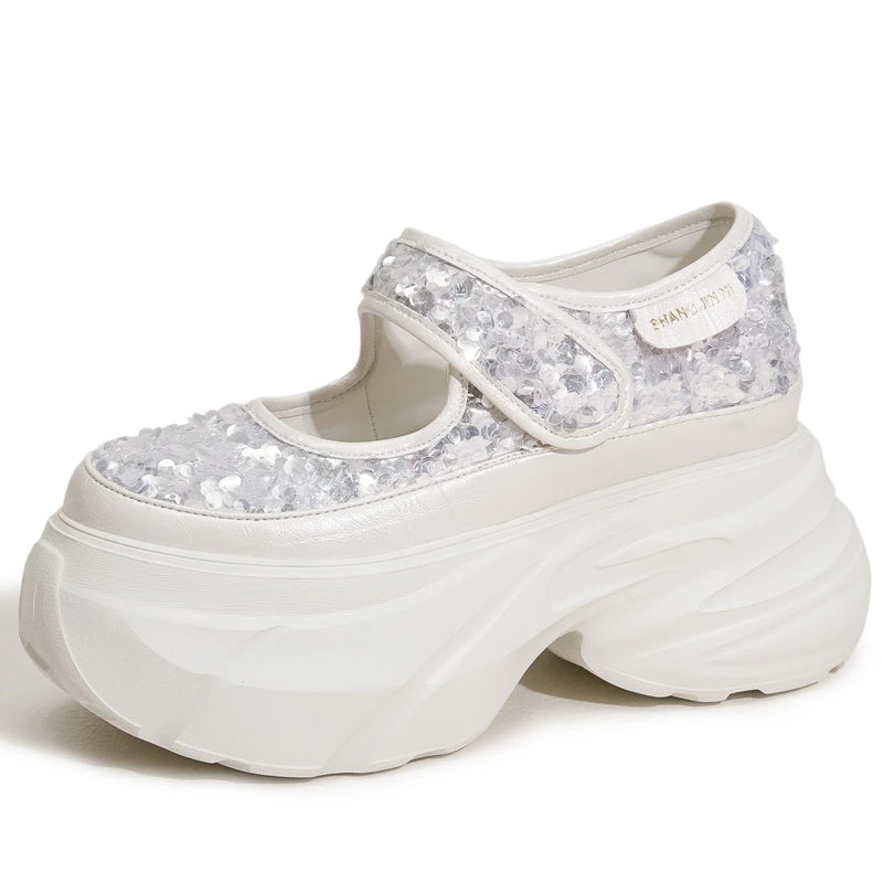 Manufacturer   AUTUSPIN Summer Shiny Shallow Shoes Women Sequined Cloth Pumps High Heels Ladies Bling Bling Platform Mary Janes Shoes Woman   Pumps