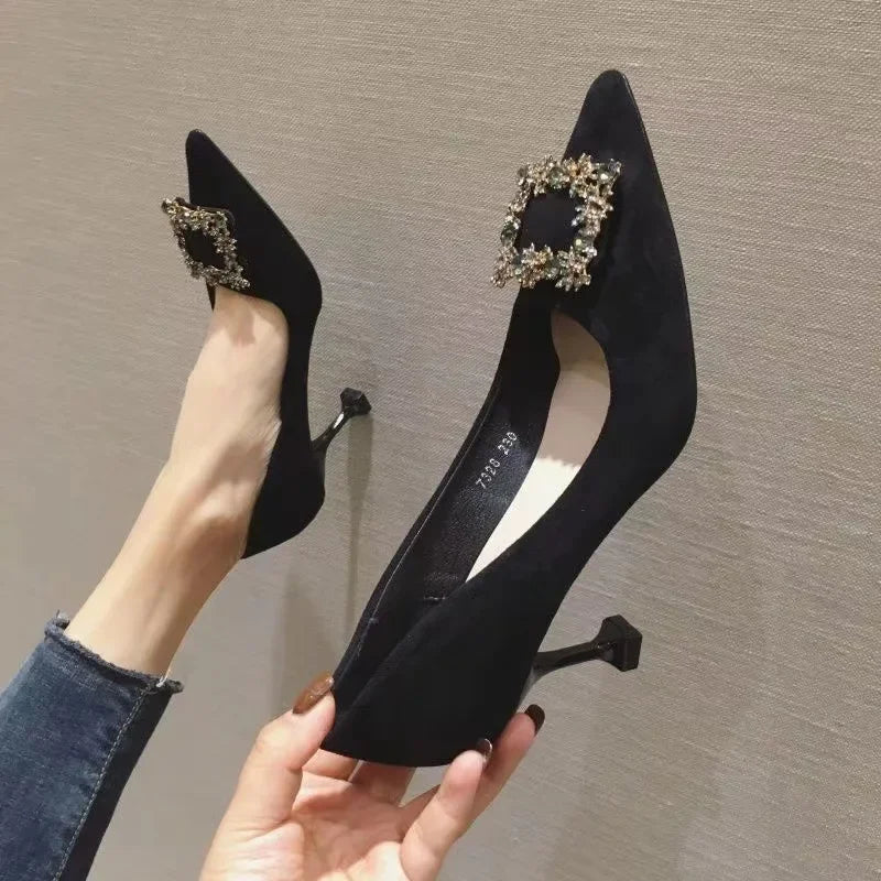 Manufacturer   Black Velvet Square Buckle High Heels Spring Summer New Style Elegance Single Shoes Women Thin Heel Pointed Toe Slip-On   Pumps