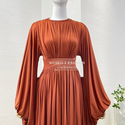 New Fashion Red Long Sleeve O Neck Pleat Midi Dress
