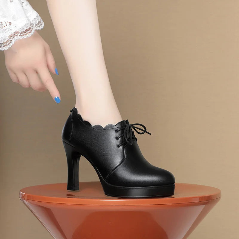 Manufacturer   Spring Autumn Soft Leather Soft Sole Versatile Fashion Comfortable High Heels Lace-Up Deep-Mouth Shoes Women's Leather Shoes   Pumps
