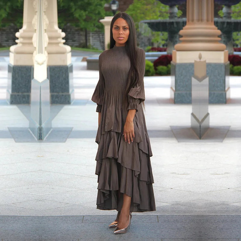 Miyake Folds  Summer New Lantern Sleeve Dress Solid Color Lotus Edge Long Skirt