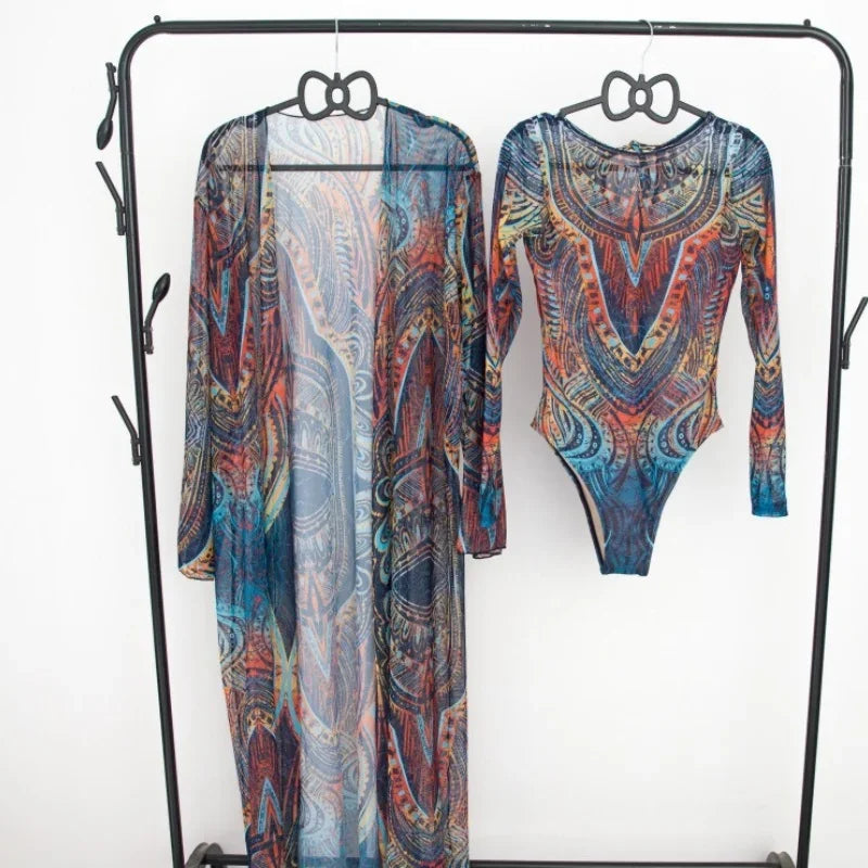Fashion Printing Swimming Suit for Women Sexy Long Sleeve One Piece Swimsuits Mesh Bikini Cover Up  New Vintage Two Piece Set
