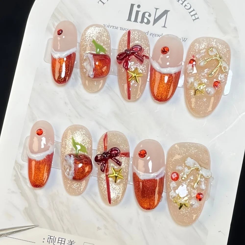 10pcs  New Year Christmas Fake Nails Snowflake Design False Nails Art Full Cover Waterproof Removable Handmade Press on Nail