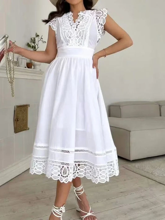 Fashion stitching lace openwork lace skirt slim waist dress solid color  summer women's new temperament long A-line skirt