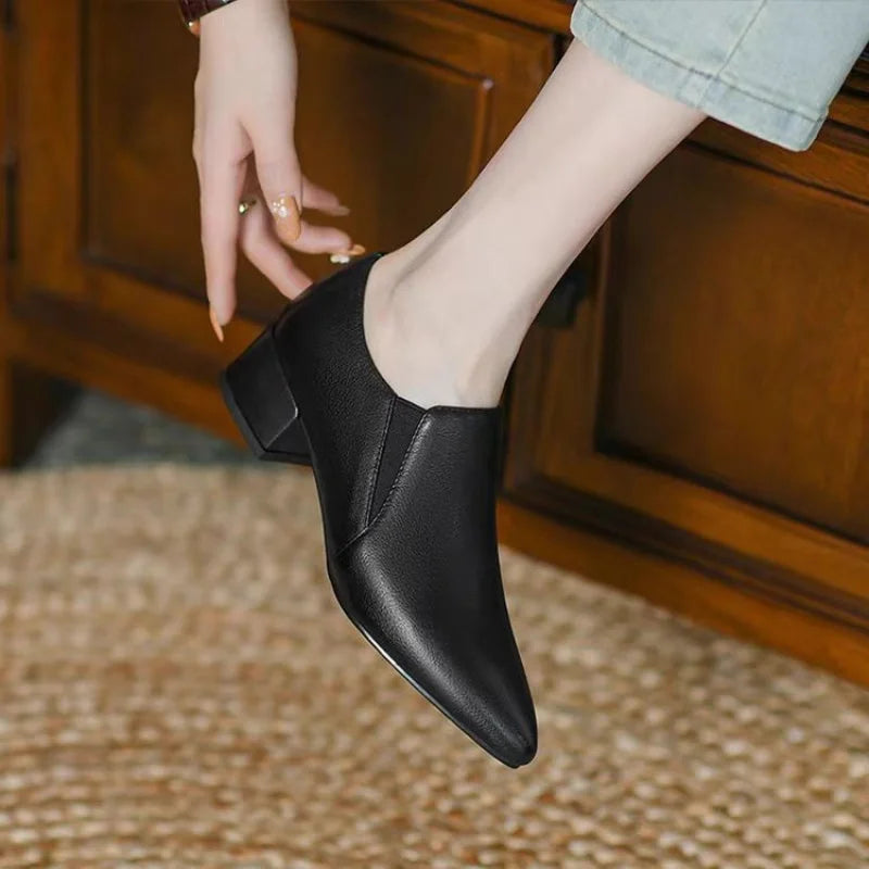 Manufacturer  New Women's British Style Leather Shoes - Retro Chunky Heel Pointed-Toe Pumps, Low-Cut Dress Shoes for Office & Daily Wear   Pumps