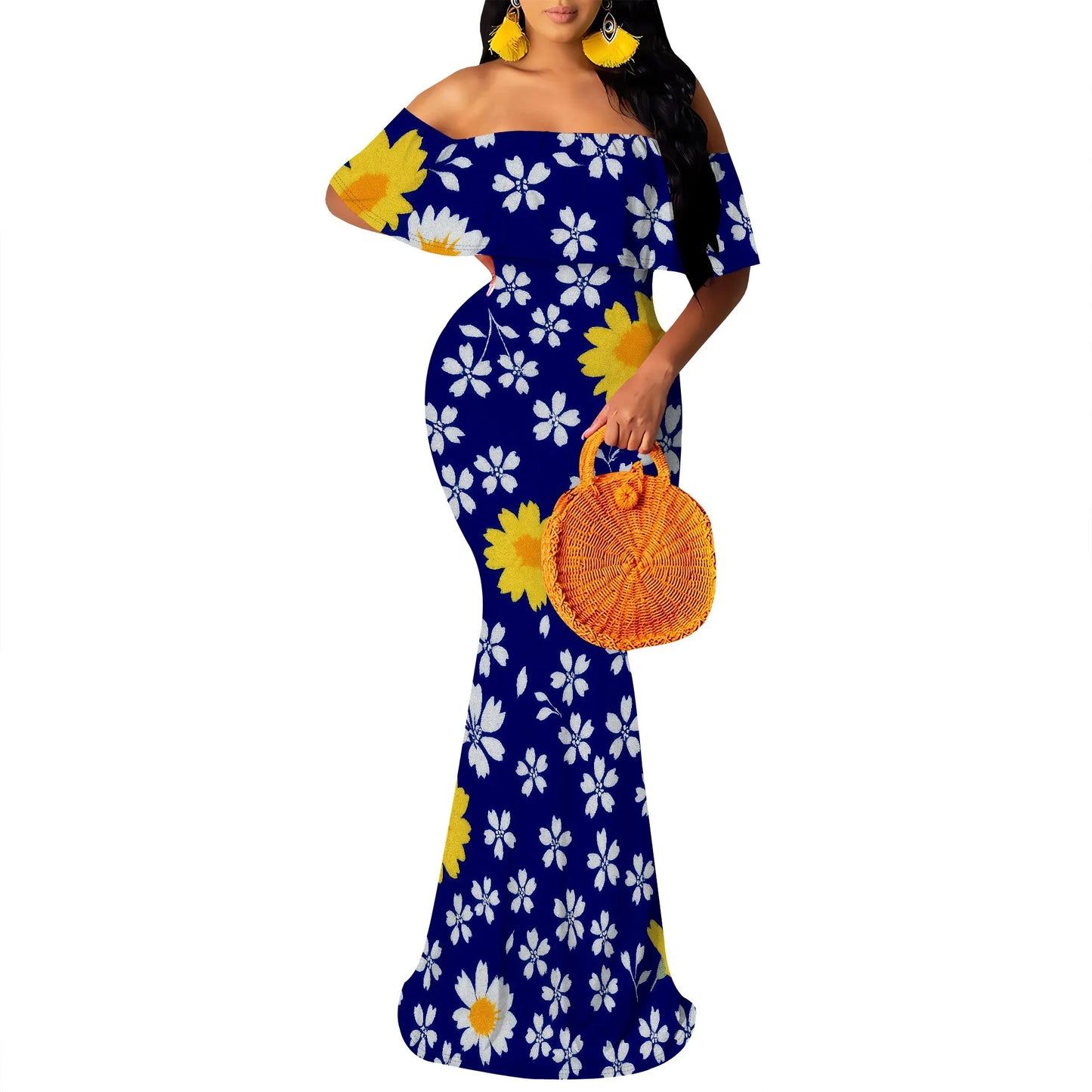 Women's Maxi Bodycon Off The Shoulder Dress Short Ruffle Sleeves Strapless Long Boho Dress Cocktail Party Wedding Dress