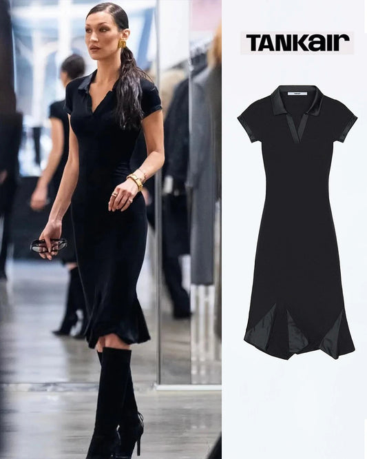 Tank black polo collar dress Bella same style splicing design short sleeve irregular long skirts