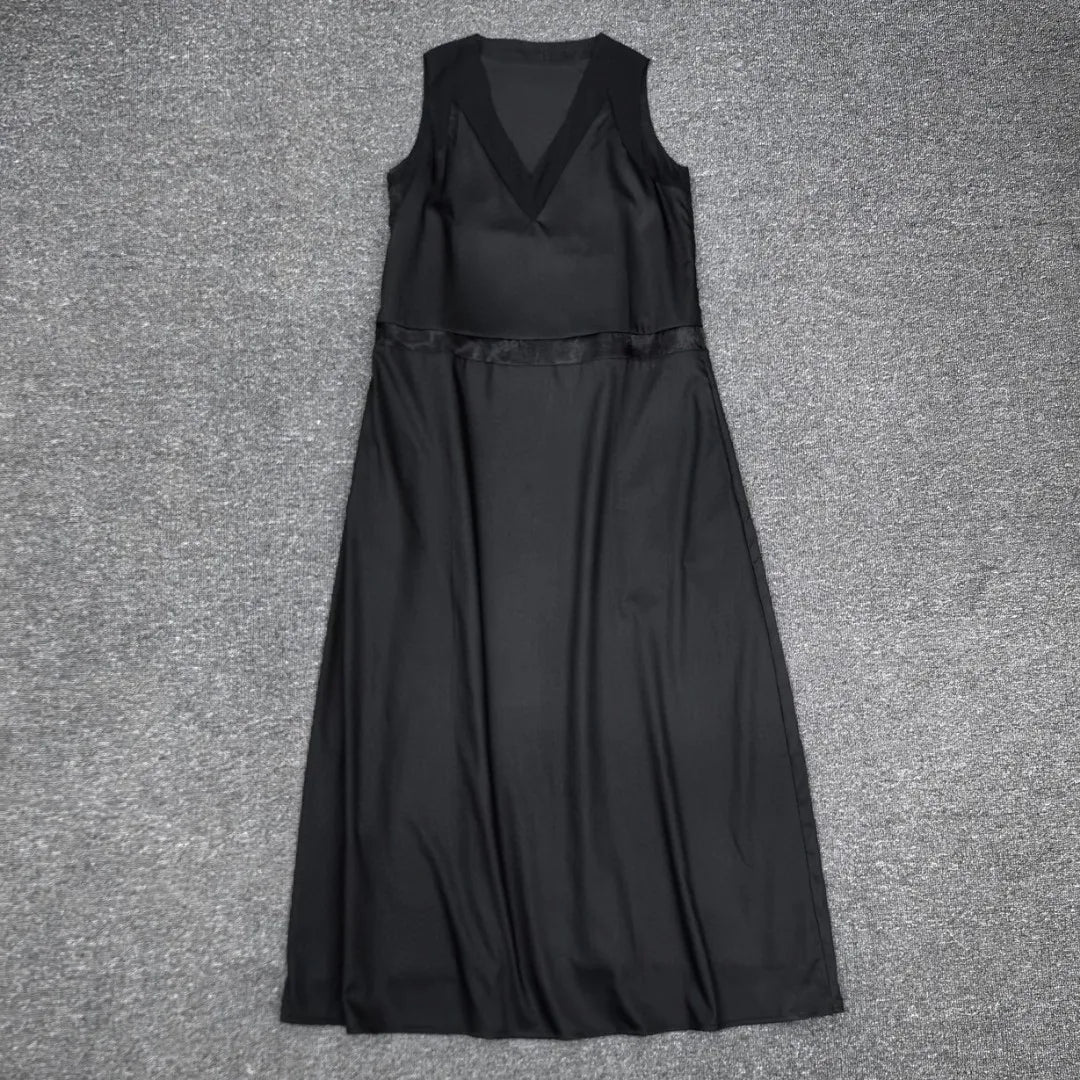 25 year spring/summer new product hollow transparent yarn splicing V-neck sleeveless long dress