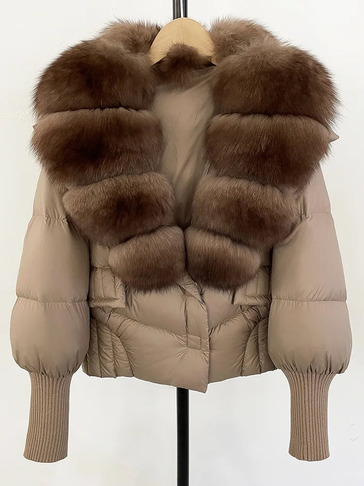 ZMEENNA Women's Black Puffer Down Jacket With Large Real Fur Collar Short Warm Winter Coat Knit Cuffs Elegant Outerwear
