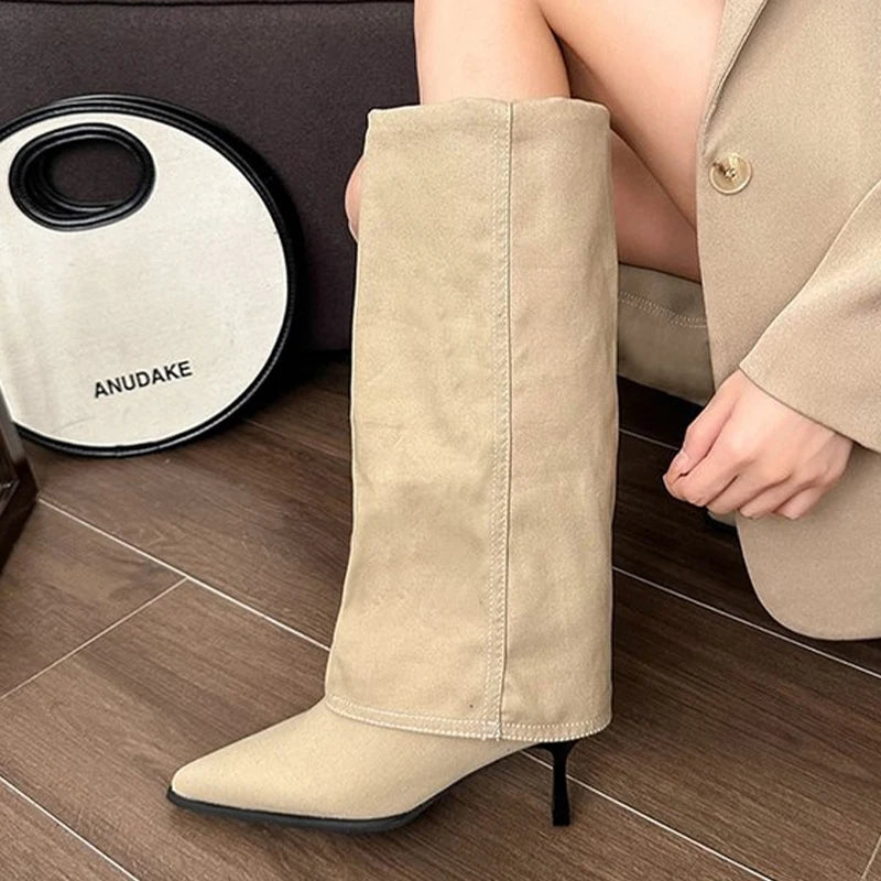 Manufacturer   Chunk Leather High Boots Women Knee High Pointer Toe Heels Shoes Woman Trend Chelsea Boots New Pumps Mujer Snow Gladiator Botas   boots