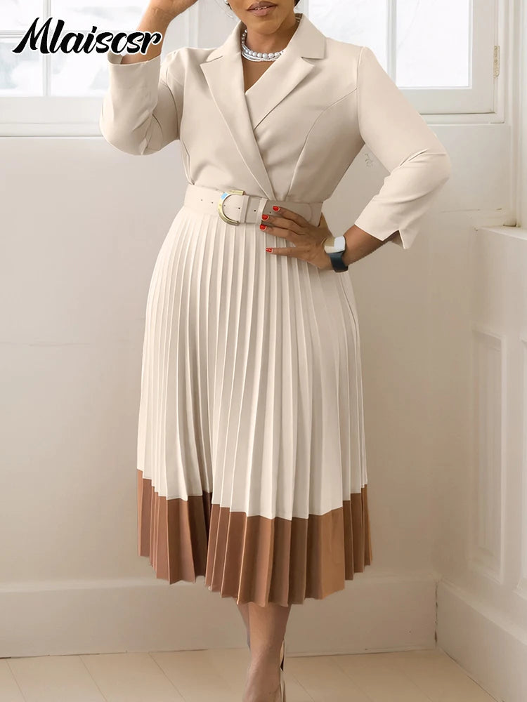 Mlaiscsr Elegant Long Sleeve Solid High Waist A Line Pleated Dress with Belt Women Office Lady African Birthday Evening Vestidos