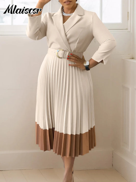 Mlaiscsr Elegant Long Sleeve Solid High Waist A Line Pleated Dress with Belt Women Office Lady African Birthday Evening Vestidos