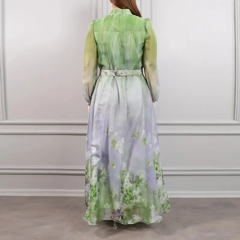 Retro Court Style Long Dress Full Sleeve Floral Print Slimming Waist Ankle Length Skirts Cotton Material Stand Collar Regular