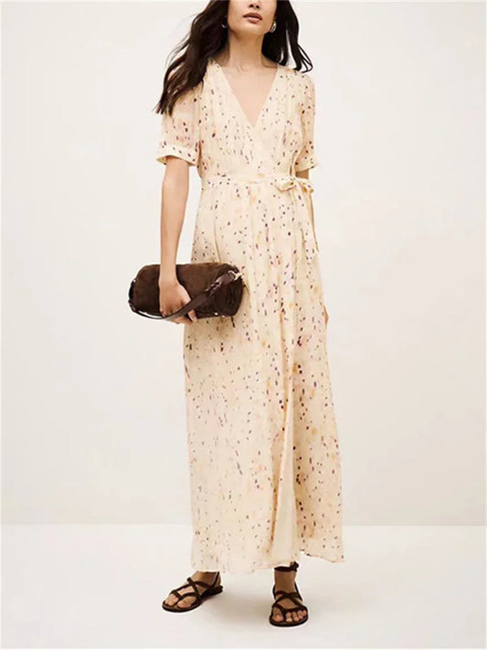 Summer New Floral Print Lace-Up Wrap Dress for Ladies V-Neck Short-Sleeved High-Waisted Slim Temperament Open Long Robe