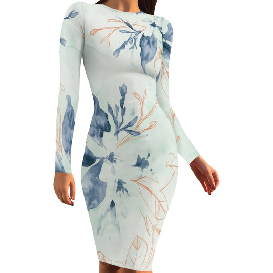Womens Autumn Dresses Long Sleeve Basic Pencil Smocked Elastic Waist Casual A-Line Sexy Bodycon Mini Dress