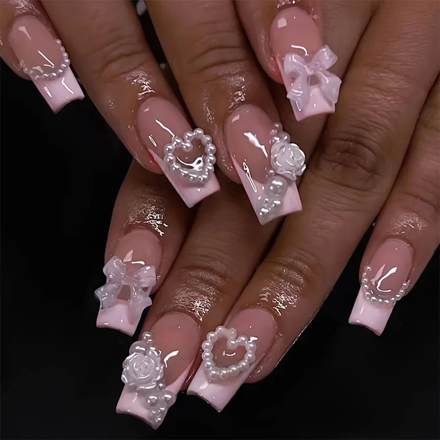 24Pcs Ballet Square Pink Press on Bow Nails 3D Flower with Bandage Design French Nail Tips for Women&Girls Daily,Spring wear