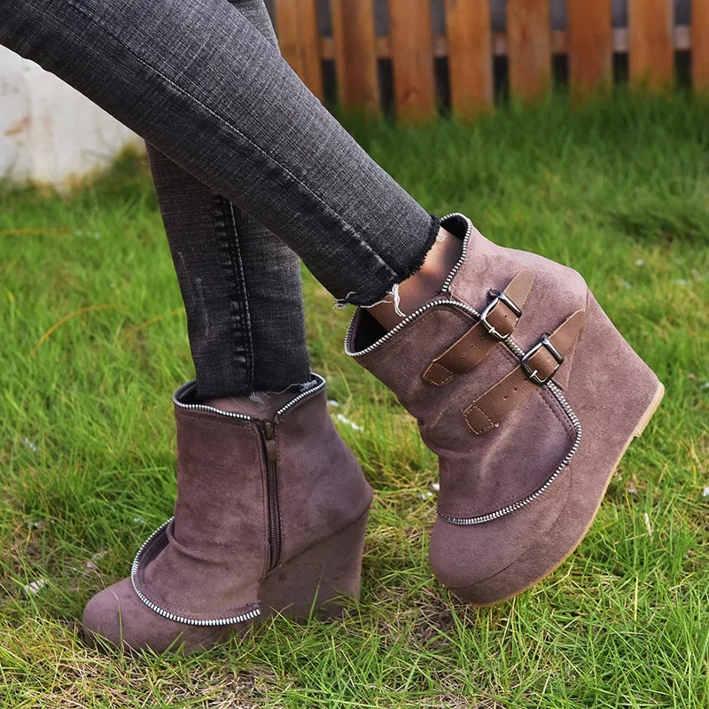 Manufacturer   2025 Modern High-heel Boots for Women Ankle Wedges Suede Ladies Shoes Splicing Fake Zip Belt Buckle Height Increasing Daily Wear   boots