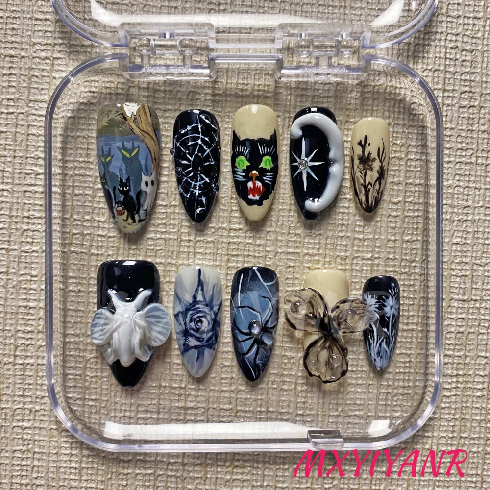 Handmade Halloween Press On Nails Black and White Combination 3D Medium Almond Fake Nails Terrifying Cat Design Art DIY Nails