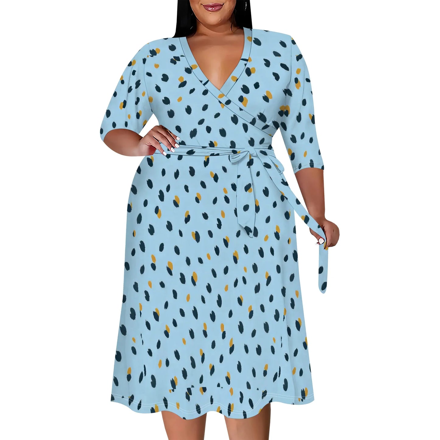 Women's Floral Print Maxi Dresses Summer with Pockets Casual 3/4 Sleeve V-Neck Wrap Tie Waist Long Dress