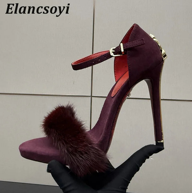 Manufacturer   Super High Heels Sandals Women Mink Fur Metal Sword Thin Heels Open Toe Ankle Strap Sandalias Summer Fashion Party Dress Pumps   Pumps