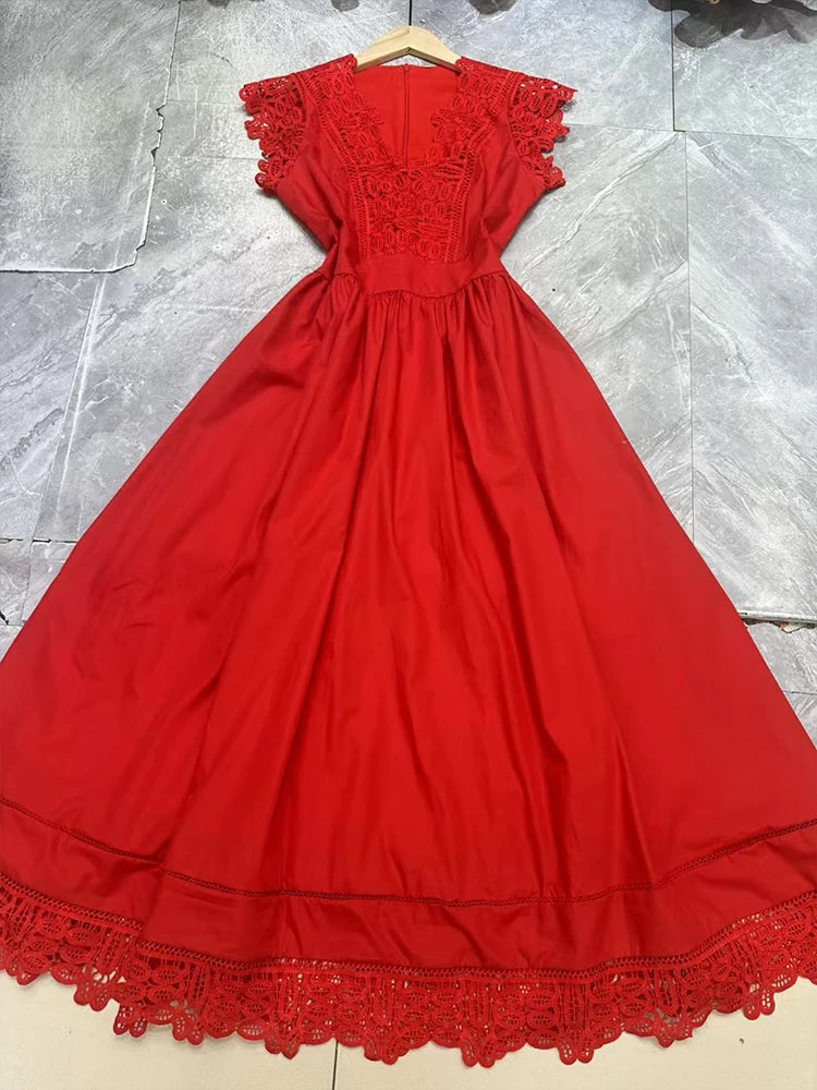 Fashion stitching lace openwork lace skirt slim waist dress solid color  summer women's new temperament long A-line skirt