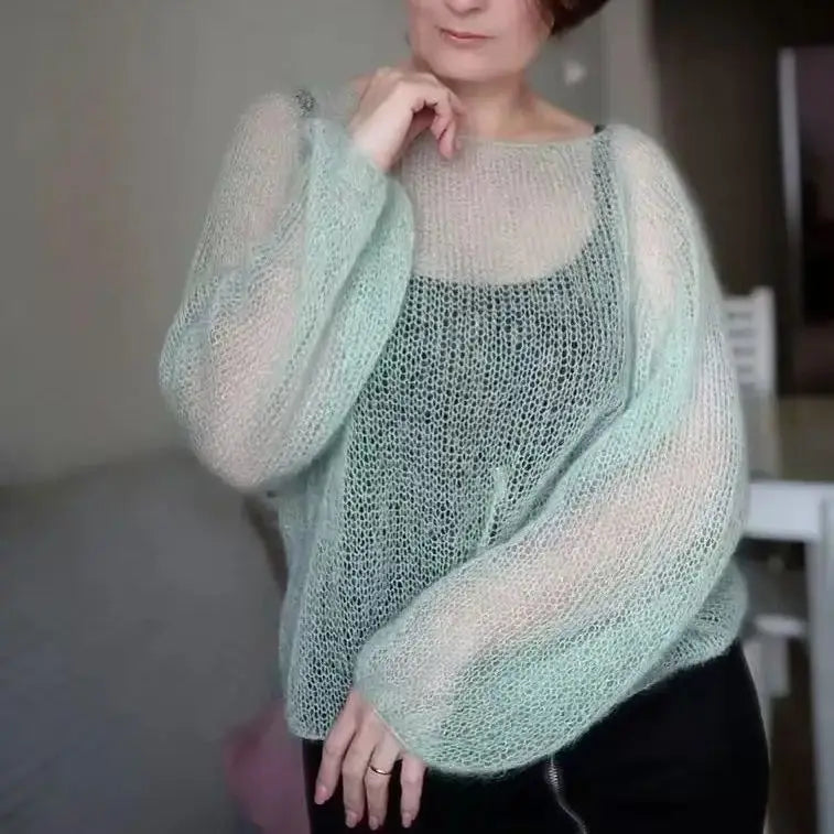 Sweet one neck pullover thin hollow out sweater for women, hand woven loose and comfortable mohair wool sweater new style