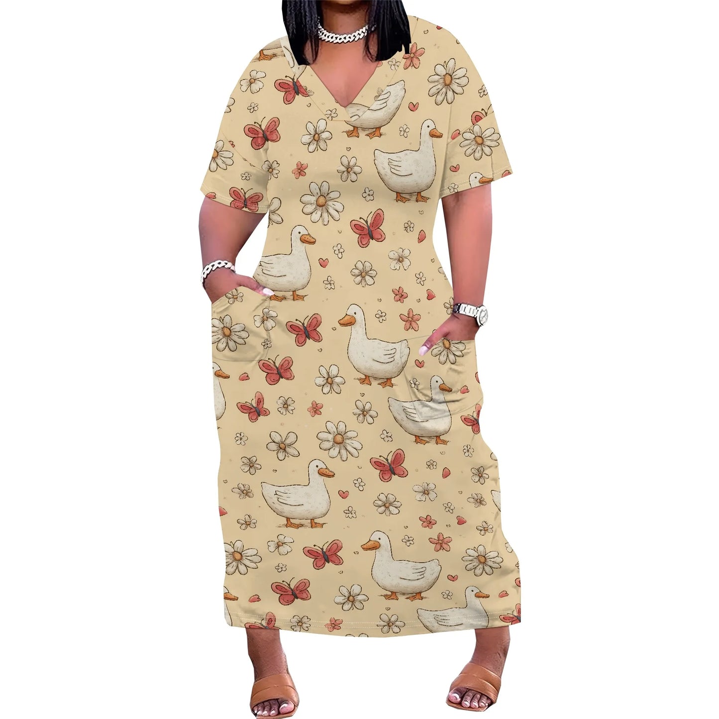 Women's Plus Size African Print Dresses Casual Loose Pocket Short Sleeve Long Maxi Dress