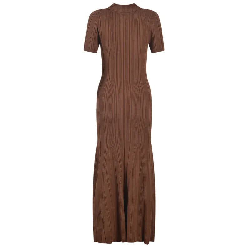 EACA  Autumn/Winter New Style Flip Collar Pit Stripe Elastic Waist Slimming Short Sleeve Long Dress Women's Solid Color