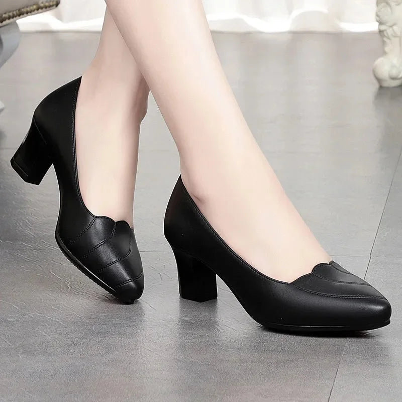 Manufacturer   Women Cute Sweet Round Toe Black Pu Leather Spring Slip on Square Heel Shoes Zapatos De Mujer Lady Plus Size Office Pumps B37   Pumps