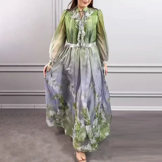 Retro Court Style Long Dress Full Sleeve Floral Print Slimming Waist Ankle Length Skirts Cotton Material Stand Collar Regular