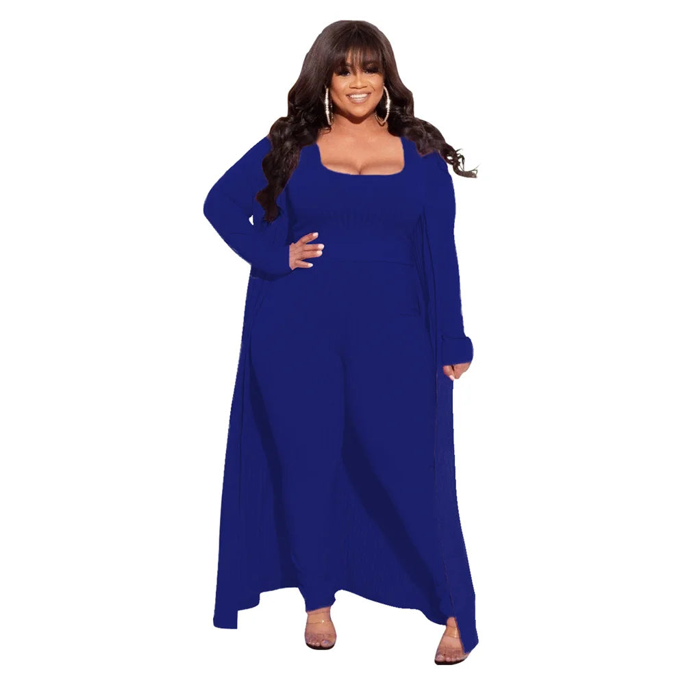 3 Piece Women Outfits Sets Sexy Square Collar Tops+long Coat Tight Pants Solid Color Fashion Plus Size Clothing Wholesale  suits
