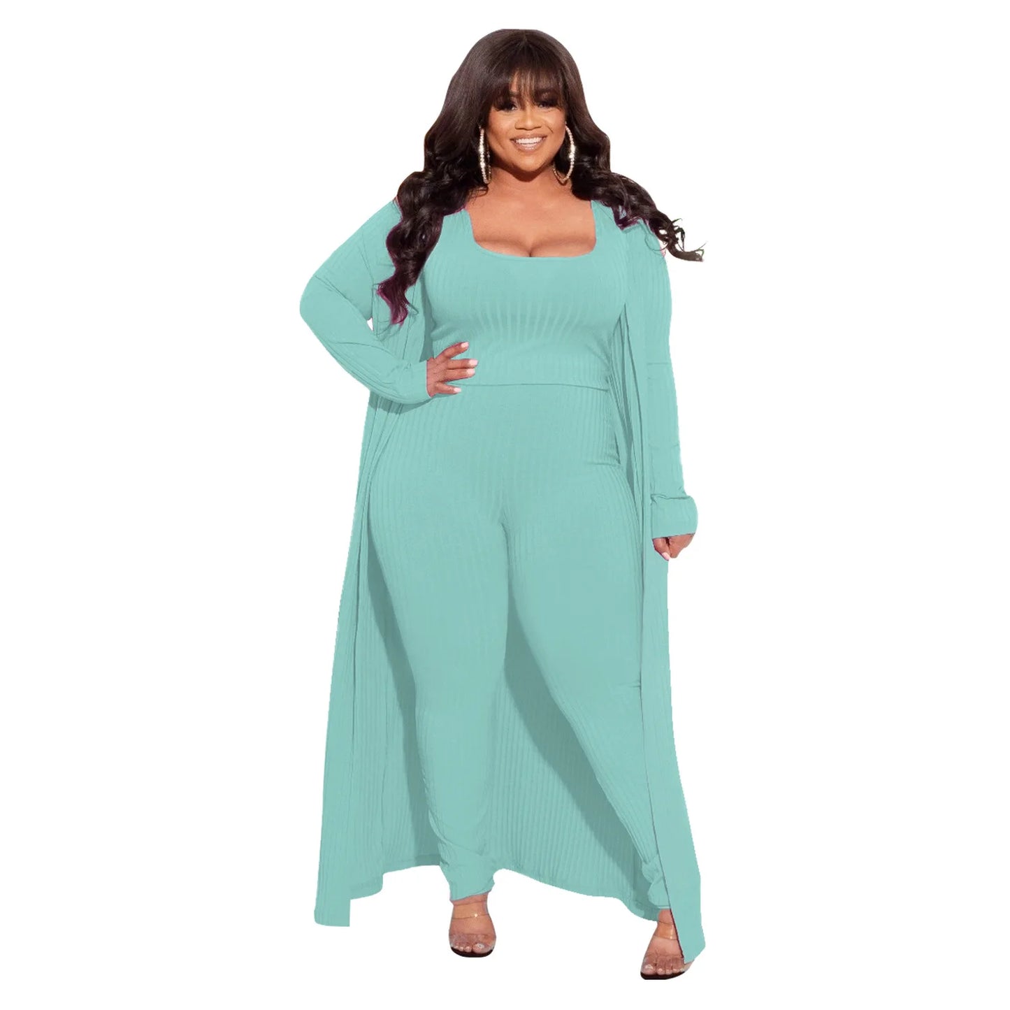 3 Piece Women Outfits Sets Sexy Square Collar Tops+long Coat Tight Pants Solid Color Fashion Plus Size Clothing Wholesale  suits