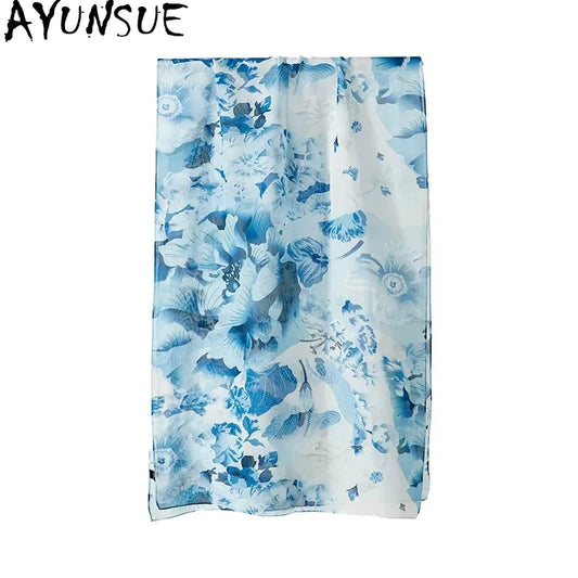AYUNSUE, 8MM 100%Mulberry Slik Shawls, 170cm Women Floral Printed, Gifts Original Design Scarf,  Spring Autumn