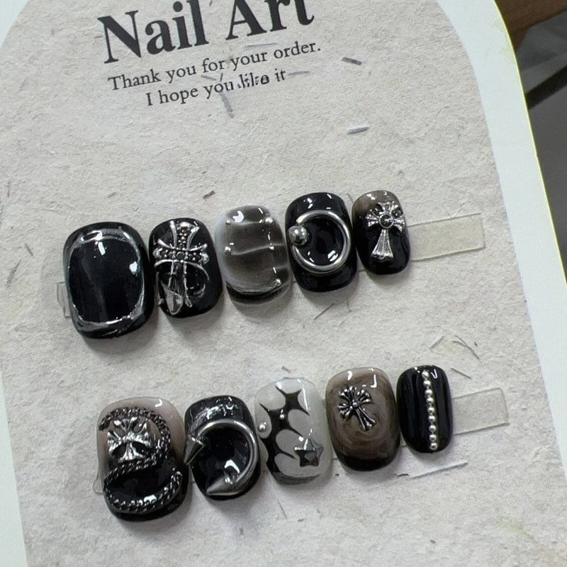10PCS Dark Black Short Square Round Handmade Press on Nails Metallic Silver Patterns Fake Nails Spice Girls Sweet Cool Wearable