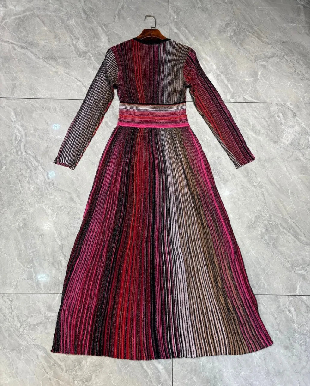 Sequined Striped Women's Pleated Knitted Dress  New 2 Colors V-Neck High Waist Long Sleeve Fashion Female Robe