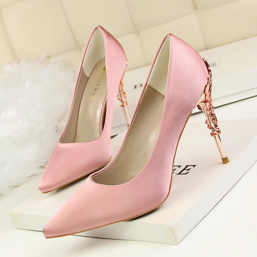 Manufacturer   Woman Metal Heels Satin Silk Dress Fashion Pumps Lady Wedding Bridal Catwalk Orange Green Wine Red Pointed Tip Shoes 9219-2   Pumps