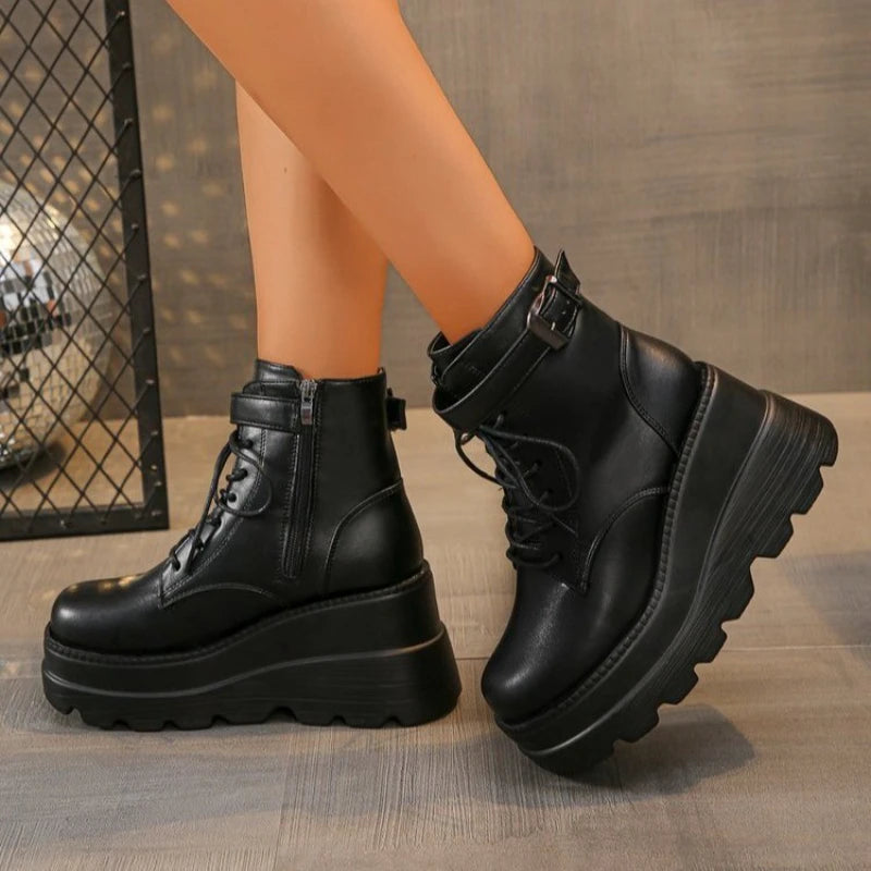 Manufacturer   NEW Punk Style Women Shoes Lace-up heel height 9CM Platform Shoes Woman Gothic Ankle Rock Boots Metal Decor Woman Sneakers   boots