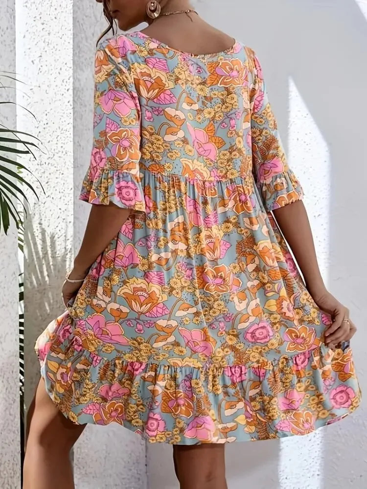 Plus Size Summer Floral Print Dress Women Clothes Casual Short Sleeve Loose Fit Ruffle Hem Beach Party-Dress New Bohemian Style