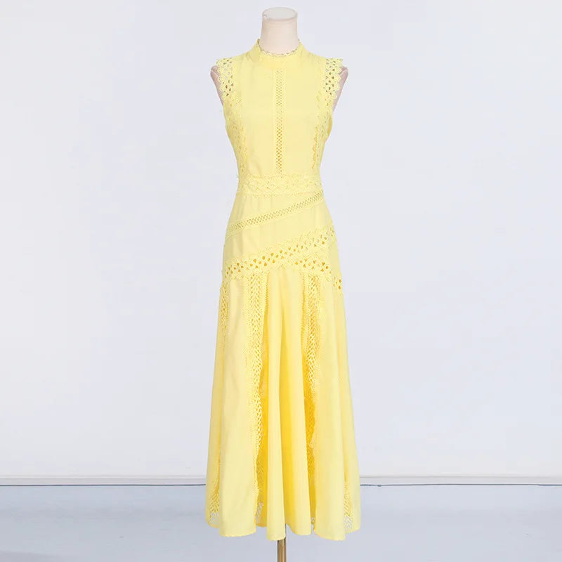 Fashion Solid Hollow Out Long Dresses Spring Women Sleeveless Stand Collar Slim Dress Summer High Waist Zipper Knee Length Dress