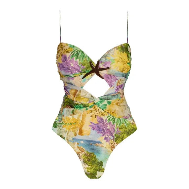 One Piece Floral Swimsuits Women Maxi Dress Print Starfish Brooch Swimwear With Skirt Vacation Bathing Suit Summer Outfit